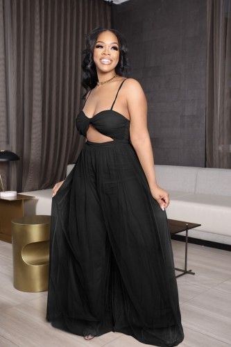 Black Cami Sleeveless Tulle Cut Out Loose Jumpsuit
