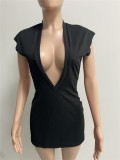 Black Ribbed Deep-V Short Sleeves Bodycon Mini Dress