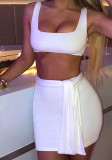 White Crop Sleeveless Tank and Pencil Mini Skirt 2PCS Set with Belt