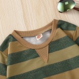 Kids Boy Green Wide Stripe Print Brown Long Sleeve O-Neck Shirt