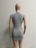 Grey Ribbed Deep-V Short Sleeves Bodycon Mini Dress