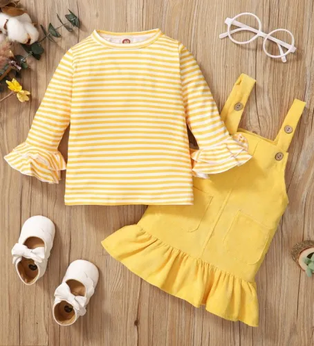 Baby Girl Yellow Stripes Flare Sleeve Top and Slip Dress with Pocket 2PCS Set