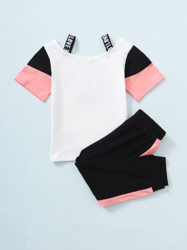 Kids Girl Letter Print Short Sleeve Cami Tee and Sweatpants 2PCS Set