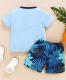 Kids Boy Print Blue Short Sleeve Tee and Leaf Print Shorts 2PCS Set