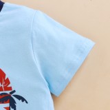 Kids Boy Print Blue Short Sleeve Tee and Leaf Print Shorts 2PCS Set