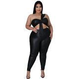 Sexy Plus Size PU Leather Black Crop Top and Pants 2PCS Set
