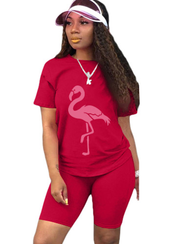 Red Round Neck Short Sleeve Animal Print Shorts 2PCS Set