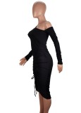 Black Slant Shoulder Long Sleeves Ruched Midi Dress