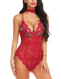 Red Flower Lace Cami Bodysuit Lingerie with Necklet