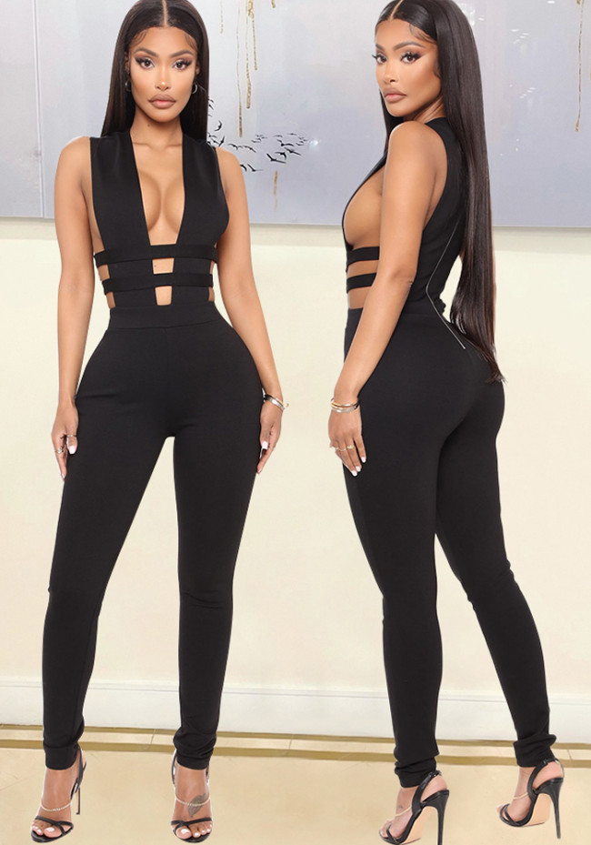 Black Deep-V Sleeveless Hollow Out Bodycon Jumpsuit