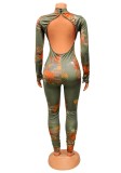 Print Turtleneck Long Sleeves Backless Bodycon Jumpsuit