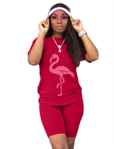 Red Round Neck Short Sleeve Animal Print Shorts 2PCS Set