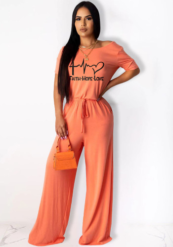Orange Round Neck Short Sleeve Letter Print Jumpsuit