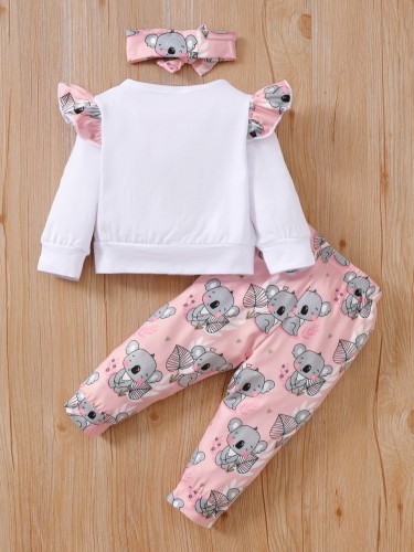 Baby Girl Print White Long Sleeve O-Neck Top and Pink Pants 2PCS Set