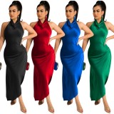 Blue Silk V-Neck Sleeveless Backless Irregular Maxi Dress