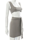 Gray Crop Sleeveless Tank and Pencil Mini Skirt 2PCS Set with Belt