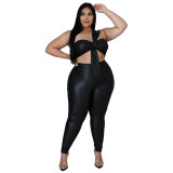 Sexy Plus Size PU Leather Black Crop Top and Pants 2PCS Set