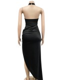 Black Silk V-Neck Sleeveless Backless Irregular Maxi Dress