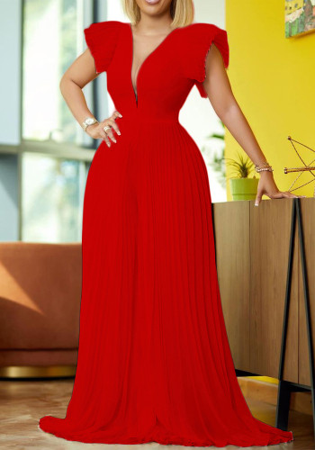 Elegant Red Deep-V Short Sleeves Maxi Pleated Dress