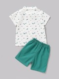 Kids Boy Print White Button Short Sleeve Blouse and Green Shorts 2PCS Set