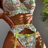 Embroidery Green Bra And Panty Galter Lingerie 3PCS Set