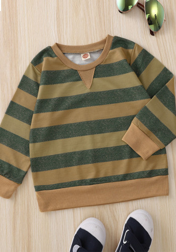 Kids Boy Green Wide Stripe Print Brown Long Sleeve O-Neck Shirt