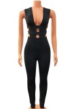 Black Deep-V Sleeveless Hollow Out Bodycon Jumpsuit
