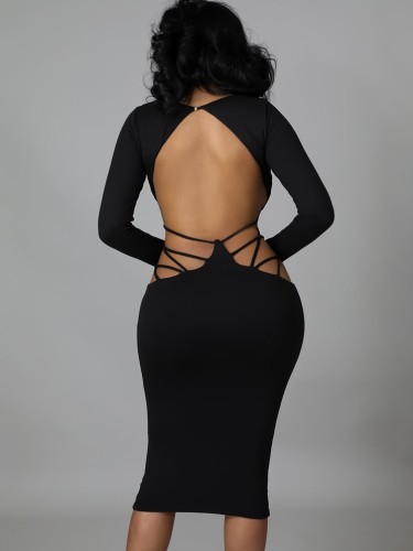 Black V-Neck Long Sleeves Hollow Out Backless Midi Slinky Dress