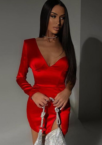 Red V-Neck One Sleeve Slit Mini Slinky Dress