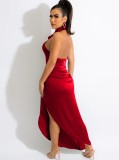 Red Silk V-Neck Sleeveless Backless Irregular Maxi Dress