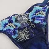 Embroidery Blue Cami Bra And Panty Lingerie 2PCS Set