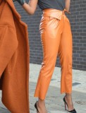 Orange Leather High Waist Zipper Up Sheath Pants with Pocket