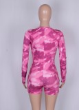 Camo Print Pink Ribbed V-Neck Long Sleeves Button Up Skinny Rompers