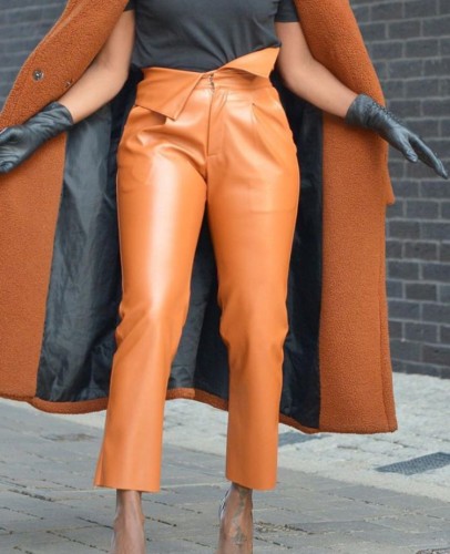Orange Leather High Waist Zipper Up Sheath Pants with Pocket