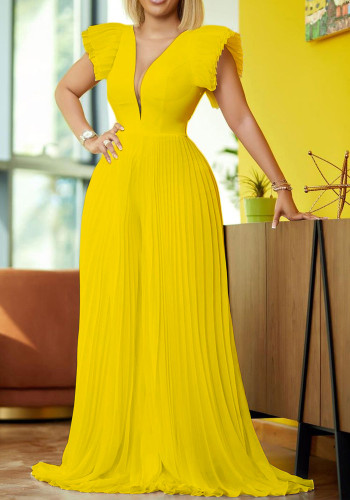 Elegant Yellow Deep-V Short Sleeves Maxi Pleated Dress