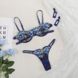 Embroidery Blue Cami Bra And Panty Lingerie 2PCS Set