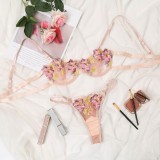 Embroidery Pink Cami Bra And Panty Lingerie 2PCS Set