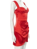 Red Cami Sleeveless Silky Ruched Mini Asymmetrical Dress