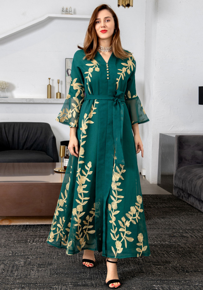 Green Embroidered Bell Sleeve Maxi Dress Muslim Dress with Belt
