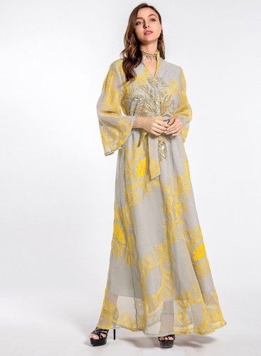 Print Yellow Embroidered Beading Islamic Muslim Dress