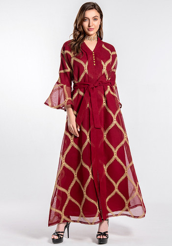Red Embroidered Bell Sleeve Maxi Dress Muslim Dress