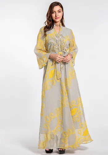 Print Yellow Embroidered Beading Islamic Muslim Dress