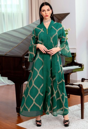 Green Embroidered Bell Sleeve Maxi Dress Muslim Dress