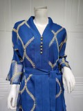Blue Embroidered Bell Sleeve Maxi Dress Muslim Dress
