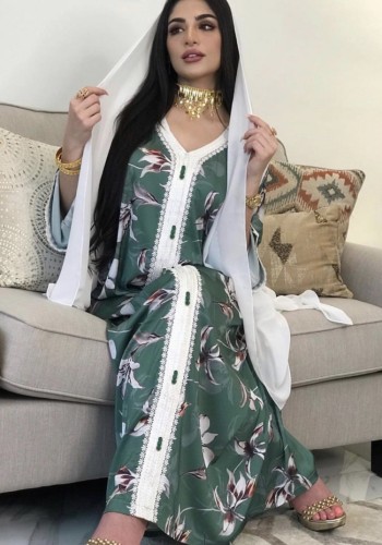 Green Floral Print with Hijab Islamic Muslim Dress