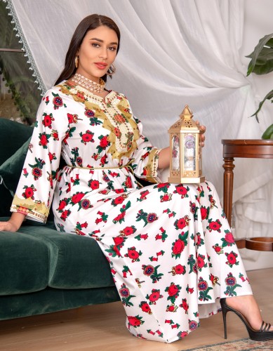 White Print Loose Maxi Dress Islamic Muslim Dress