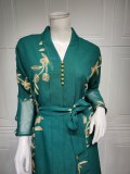 Green Embroidered Bell Sleeve Maxi Dress Muslim Dress with Belt