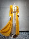 Yellow Islamic Abaya Two Piece Muslim Dress with Belt