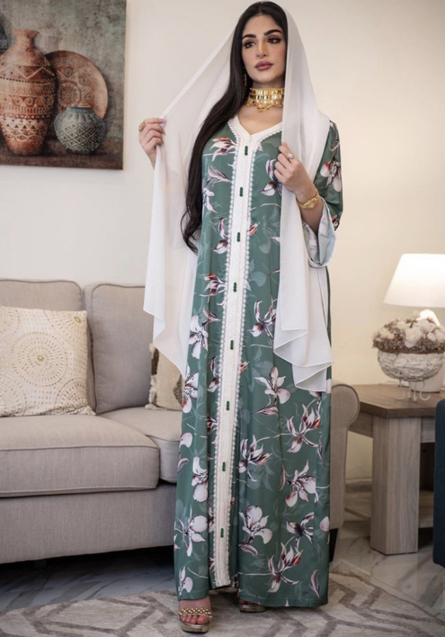 Green Floral Print with Hijab Islamic Muslim Dress
