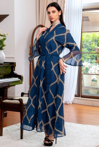 Blue Embroidered Bell Sleeve Maxi Dress Muslim Dress